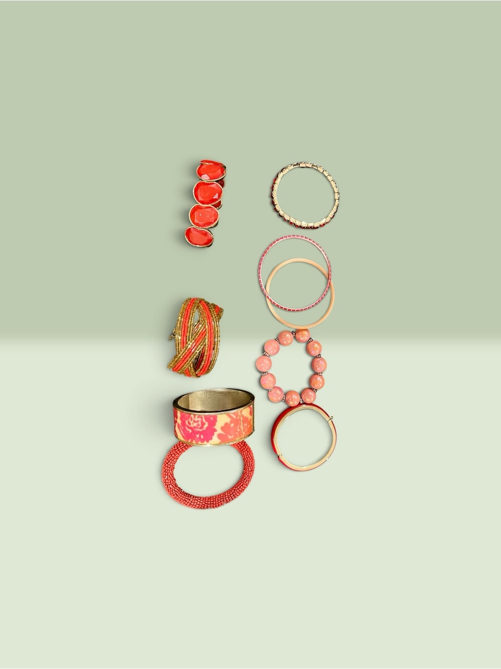 Boho Beaded Stackable Bracelet Set Red Coral Pink Floral Cuff Bangle Lot - Picture 8 of 8